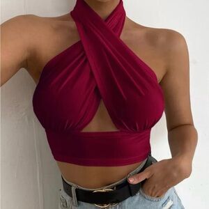 SHEIN Burgundy Cross Halter Crop Top